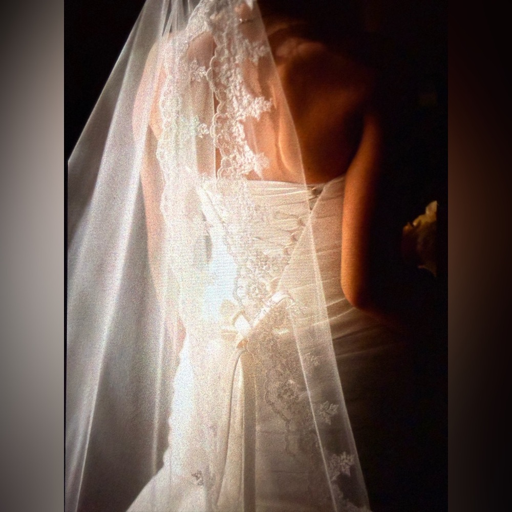 Elegant White Strapless Wedding Gown & Veil